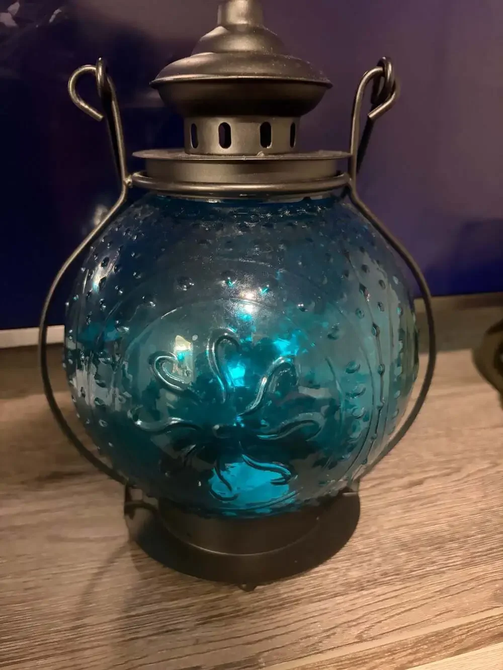Vintage Style Teal Blue Embossed Round Glass Hanging Candle Lantern